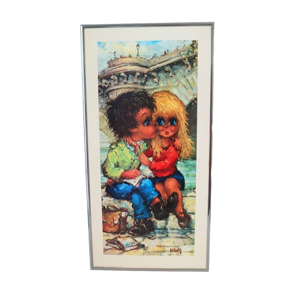 Michel Thomas Framed Print "Le Premier Baiser" 1971 Éditions Krisarts Big Eyed A